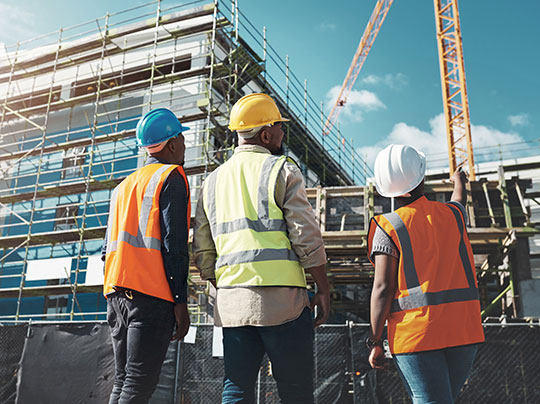 A construction management team overseeing the construction progress of a large building
