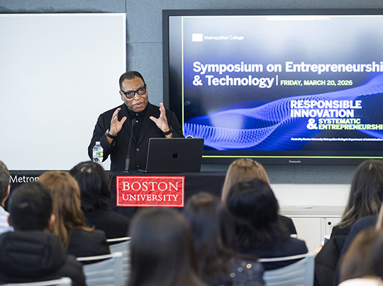 Ralph H. Groce, III (CGS, Business, MET) delivers the keynote address at the 2026 Symposium on Entrepreneurship & Technology